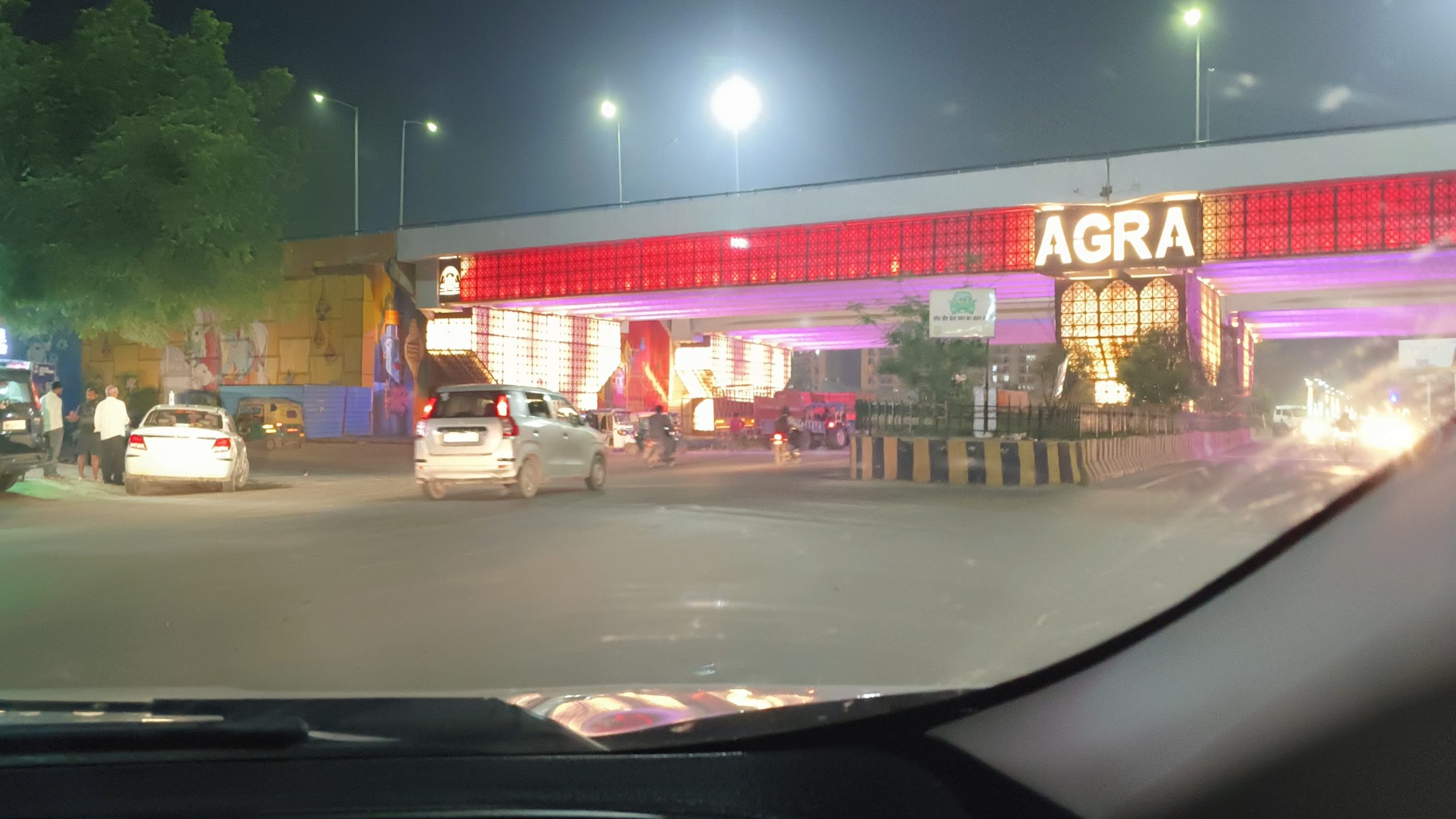Entering Agra city limits at night after completing the long road trip from Patna via the expressways