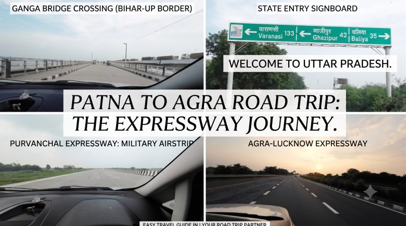 "Patna to Agra Road Trip: The Expressway Journey" showcasing major milestones like the Ganga Bridge, UP State Entry sign, Purvanchal Expressway military airstrip, and Agra-Lucknow Expressway at sunset.