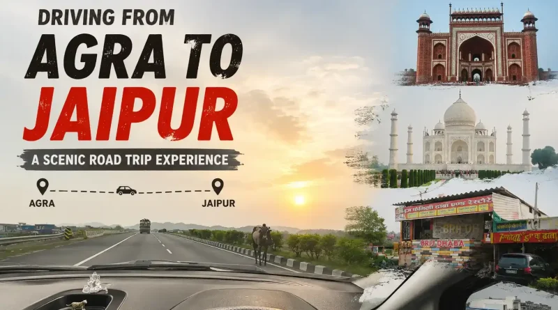 Agra to Jaipur road trip via NH-21 showing the highway, road signs, and a silver Ford EcoSport.