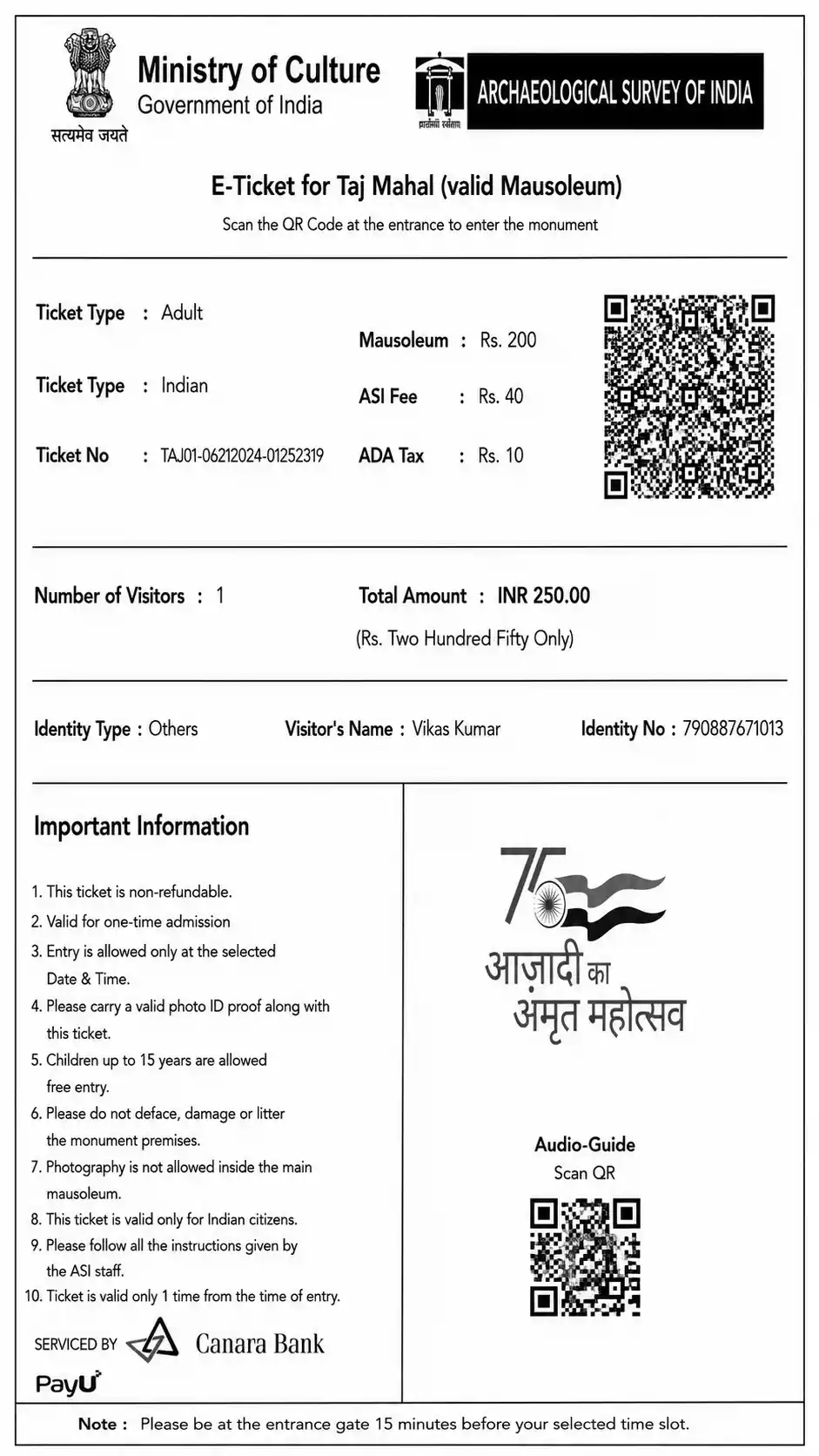 The official government-mandated ASI entry ticket for the Taj Mahal, purchased safely from the Eastern Gate digital counters