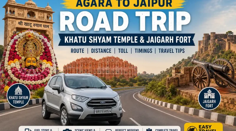 Silver Ford EcoSport on an Agra to Jaipur road trip with Khatu Shyam Temple, Jaigarh Fort, and Jaipur landmarks featured in the travel guide.