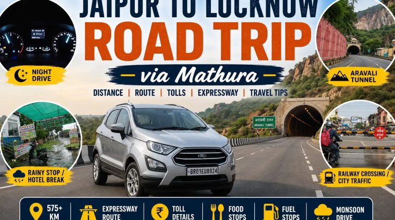Silver Ford EcoSport on a Jaipur to Lucknow road trip via Mathura featuring highway driving, Aravali tunnel, night drive, rain stop, and travel guide.